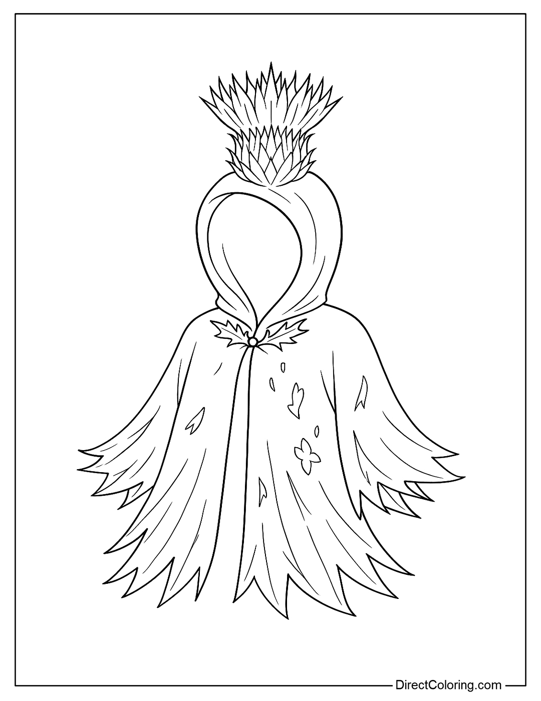Coloring page for a hood shaped like a thistle crown, the fringes are the pistils and light thorns
